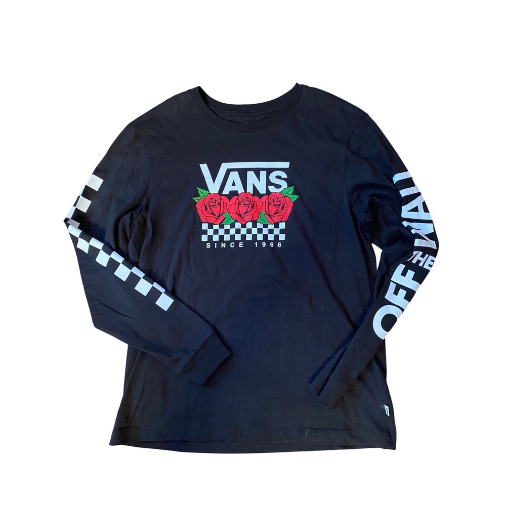 Vans Mens Long Sleeve Graphic Tee Black Rose Checkerboard Off The Wall Medium